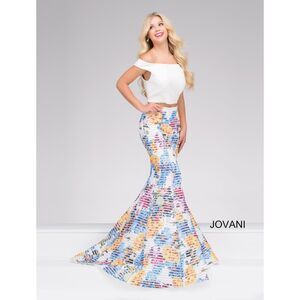Jovani White Multi Off the Shoulder Mermaid Prom Dress - Size 4